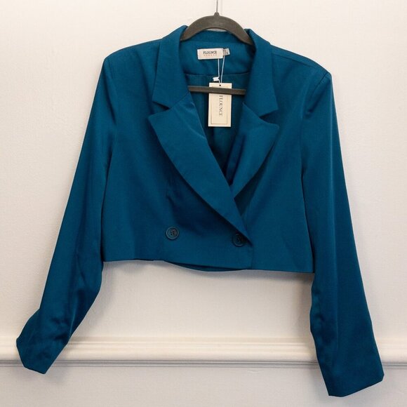 Flounce London Petite Cropped Aqua Satin Blazer Jacket Size UK14 US10 EU42 - Picture 1 of 4